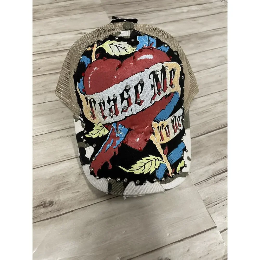 Bulzeye Hat Mens Beaded Cap Camo Tease Me Print Heart Embroidered Ripped A3